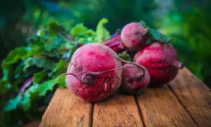 Fresh beets with leafy greens on a wooden surface. Wondering if dogs can eat beets? These vibrant roots are a healthy treat for pups!