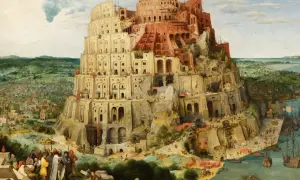 Monumentalna wieża Babel w budowie, z licznymi robotnikami i statkami w porcie.