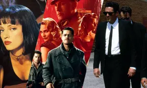Kolaż postaci z kultowych quentin tarantino filmów: Uma Thurman, Brad Pitt, Christoph Waltz i panowie w czarnych garniturach.