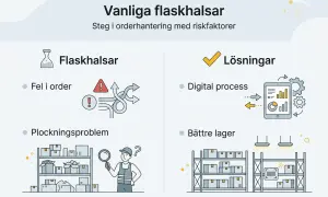 Vanliga flaskhalsar i orderhantering: fel i order, plockningsproblem. Lösningar: digital process, bättre lager. Exempel på instruktioner för effektivitet.
