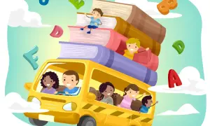 Niños felices en un autobús escolar lleno de libros, aprendiendo juegos del abecedario en inglés.