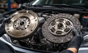 Un mécanicien tient un volant moteur et un disque d'embrayage usagés. Faut-il changer le volant moteur avec l'embrayage ?