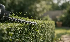 Eine Heckenschere schneidet eine hohe Hecke. Grüne Blätter fliegen durch die Luft, während die Klingen arbeiten.