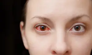 Widoczne zbliżenie na twarz z wyraźną, zaczerwienioną spojówką lewego oka. Prawa gałka oczna jest zdrowa. Czerwona plamka na oku sugeruje podrażnienie lub stan zapalny.
