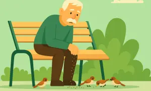 Een eenzame man op een bankje, die zaadjes strooit voor vogels. Hij lijkt te willen **graag alleen zijn**, maar de vogels zoeken toch zijn gezelschap.