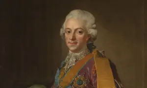 Porträtt av Adolf Fredrik, far till Gustav IV Adolf, i kunglig dräkt med ordnar.