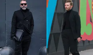 Zwei Männer in elegantem schwarzem Anzug und schwarzem Hemd. Der eine trägt einen Mantel, der andere einen Blazer.