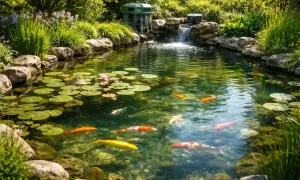 Ein idyllischer Gartenteich mit Seerosen und bunten Koi-Karpfen. Wo sind nur alle Fische aus dem Teich verschwunden?