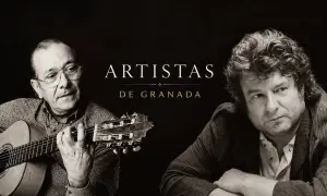 Dos artistas de Granada, uno tocando la guitarra, evocan el alma del cante andaluz.