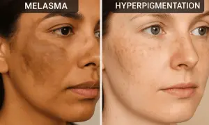 Comparación de tipos de melasma: una piel con manchas oscuras y extensas, otra con pecas y manchas más claras.