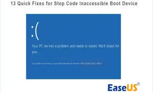 Niebieski ekran błędu Windows z komunikatem "INACCESSIBLE BOOT DEVICE". Artykuł "13 Quick Fixes for Stop Code Inaccessible Boot Device".