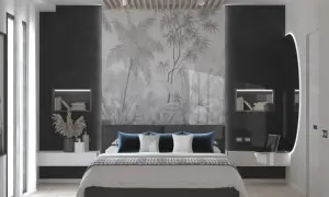 Camera da letto con pareti particolari dietro la testata: un murale tropicale su cartongesso crea un'atmosfera esotica.