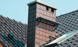 Czapka na komin dymowy chroni przed deszczem i ptakami. Widać ją na dachu z brązowej dachówki.