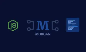 Logo MORGAN avec icônes JavaScript et code, évoquant le développement web et le npm.