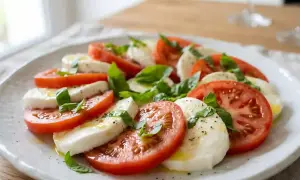 Salade Caprese fraîche avec des tranches de tomates rouges, de mozzarella crémeuse et des feuilles de basilic vert, arrosée d'huile d'olive.