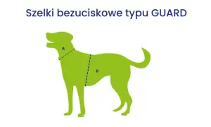 Szelki bezuciskowe typu GUARD dla psa. Linie A i B wskazują miejsca pomiaru obwodów.