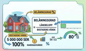 Illustration som förklarar belåningsgrad för bolån. En villa värderas till 5 miljoner SEK, vilket motsvarar 100%. En beräkning visar hur belåningsgraden räknas ut.
