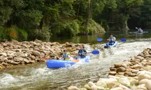 Familias disfrutan del kayak por donde pasa el río Sella, rodeados de naturaleza exuberante y aguas cristalinas.
