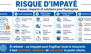 Infographie sur le risque d'impayé : causes, impacts et solutions. Elle détaille les définitions, les causes fréquentes, les impacts pour l'entreprise, comment évaluer le risque et comment se protéger, notamment contre les créances irrécouvrables.