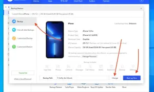 Jak zrobić kopię zapasową telefonu iPhone 13 Pro? Kliknij "Backup" i "Back up Now", aby rozpocząć proces tworzenia kopii zapasowej.