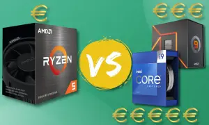AMD Ryzen 5 5600X Test: Ein Vergleich mit Intel Core i9. Die Euro-Symbole deuten auf den Preisvergleich hin.