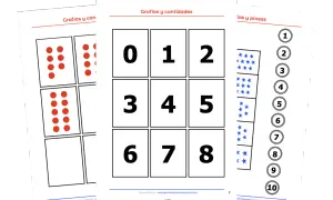 Tarjetas con números para repasar, puntos rojos y estrellas azules. Ideal para aprender las cantidades.