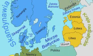 Mapa Europy Północnej z zaznaczonym Morzem Bałtyckim, Skandynawią, krajami bałtyckimi i Polską. Widać tu wyspy na Bałtyku.