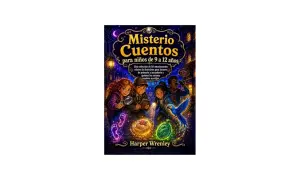 Ilustración de portada de "Misterio Cuentos", ideal para libros de misterio para niños de 10 a 12 años. Cuatro jóvenes detectives investigan pistas brillantes.
