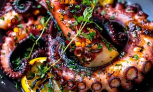 Delicioso pulpo a la brasa, tierno y jugoso, servido con rodajas de limón asado y perejil fresco picado. ¡Un manjar para disfrutar!