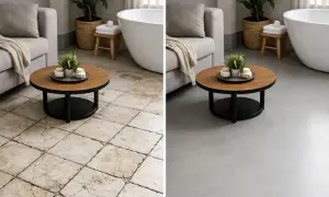 Avant/après : un sol carrelé vieilli transformé en une surface lisse et moderne grâce à une résine.