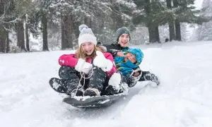 Radosne dzieci zjeżdżają na sankach podczas ferii świętokrzyskich 2026. Śnieg sypie, a uśmiechy nie schodzą z twarzy.