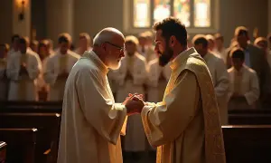 Biskup i młody ksiądz trzymają się za ręce w kościele. W tle wierni.