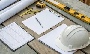 Na drewnianym blacie leżą plany budowlane, biały kask, poziomica, miarka, ołówek i notatnik. To typowe **normalia** budowlańca.