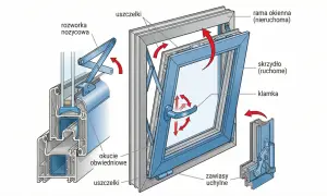 Ilustracja pokazuje mechanizm okna uchylnego. Zobacz, jak działa klamka i rozwórka nożycowa, by otworzyć okno uchylne.