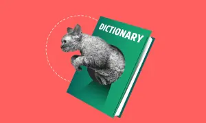 Un gato curioso emerge de un diccionario, explorando el mundo de los animales domésticos en inglés.