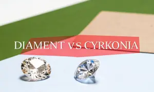 Dwa błyszczące kamienie, jeden przypominający diament, drugi cyrkonia, na tle napisu "DIAMENT VS CYRKONIA".