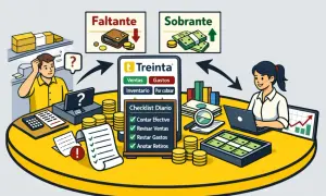 Ilustración muestra cómo emprender un negocio con un checklist diario para controlar ventas, gastos y efectivo.