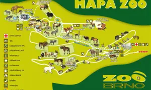 Mapa Zoo Brno zlokalizuje atrakcje dla dzieci, takie jak safari, jurta, dziecięce zoo i plac zabaw.