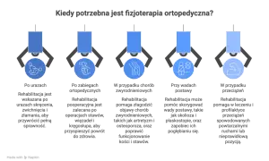 Grafika przedstawia pięć ikon symbolizujących różne sytuacje, w których potrzebna jest fizjoterapia ortopedyczna.