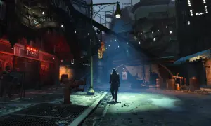 Postapokaliptyczna ulica w Fallout 4, gdzie samotny podróżnik, być może jeden z towarzyszy, przemierza mroczne zaułki.