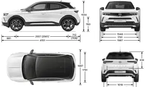 Opel Mokka wymiary: długość 4151 mm, szerokość 1791 mm, wysokość 1534 mm. Kompaktowy SUV z wyraźnymi liniami.