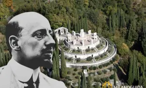 Ritratto di Gabriele D'Annunzio sovrapposto al Vittoriale degli Italiani a Salò, un complesso monumentale immerso nel verde.