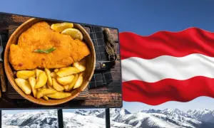 Szwajcarski schabowy z frytkami, symbol kuchni austriackiej, na tle flagi Austrii i ośnieżonych gór.
