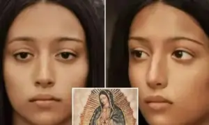 Rekonstrukcja twarzy Maryi z Guadalupe. Obok tradycyjny wizerunek Matki Boskiej.