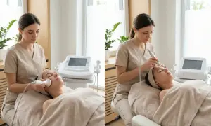 Kobieta wykonuje mezoterapię bezigłową. Zadowolone mezoterapia bezigłowa opinie potwierdzają skuteczność zabiegu.