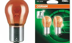 Żarówka samochodowa PY21W Osram Ultra Life. Różnica między p21w a py21w to właśnie ten pomarańczowy kolor.