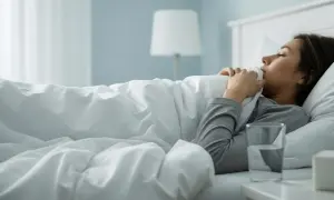 Kobieta w łóżku, chora, zastanawia się, ile wynosi zasiłek chorobowy. Obok szklanka wody.