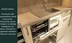 Szafka pod zlew z otwartą zmywarką i szufladami. Praktyczne rozwiązanie dla każdej kuchni.