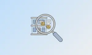 Loupe examinant un bâtiment, symbolisant le bareme URSSAF avantage en nature logement, avec des pièces et un document.