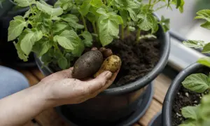 Hand håller upp färskpotatis från en hink, redo att odla potatis i hink till midsommar.